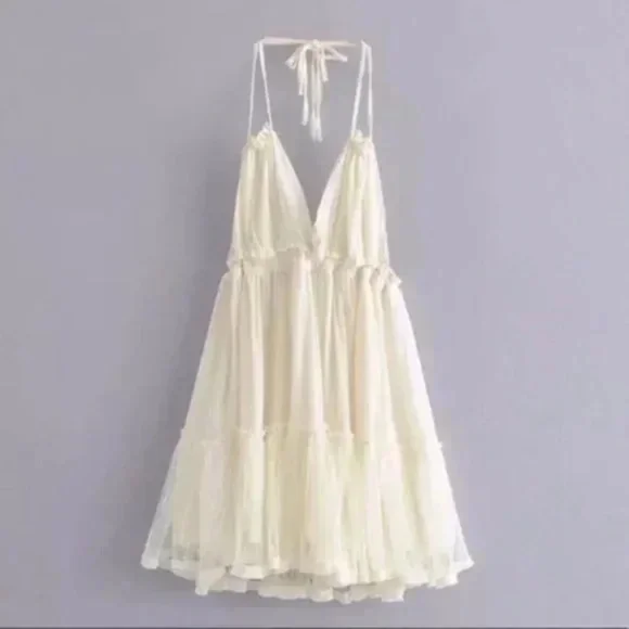 SOLD OUT Ivory Swiss Dot Mesh Boho Halter Mini Dress - Picture 6 of 6